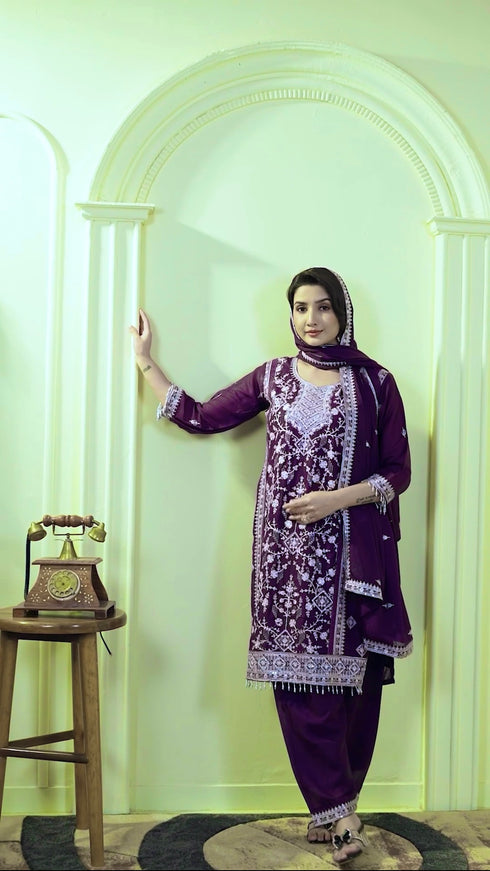 New Design Wear Sequence Embroidery Top And Farsi Plazzo With Dupatta