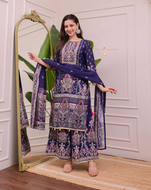 Designer Wear Trending Top With Printed Work With Mirror Work With Pent And Dupatta Set