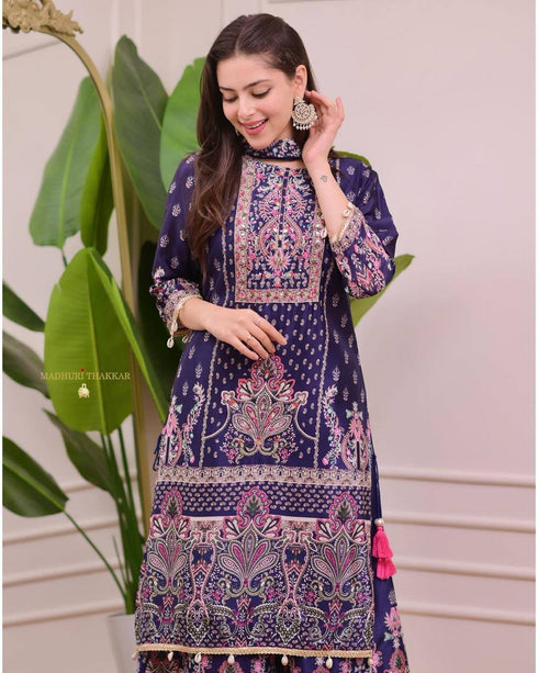 Designer Wear Trending Top With Printed Work With Mirror Work With Pent And Dupatta Set