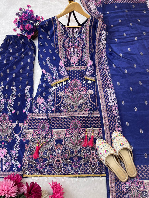 Designer Wear Trending Top With Printed Work With Mirror Work With Pent And Dupatta Set