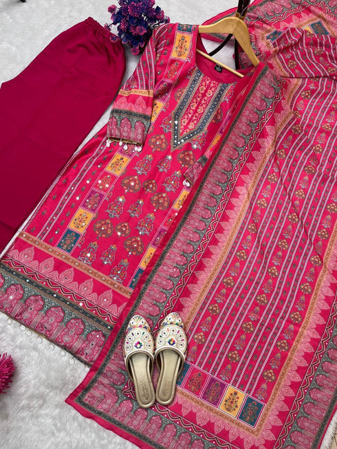 Designer Wear Trending Top With Printed Work With Mirror Work With Top And Dupatta Set