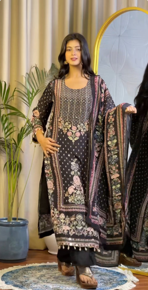 Designer Wear Trending Top With Printed Work With Mirror Work With Pent And Dupatta Set